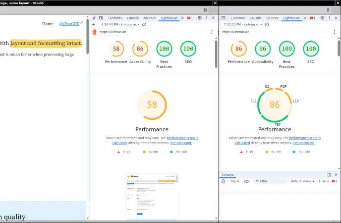 Lighthouse score comparison: 55 before vs 86 after optimizations