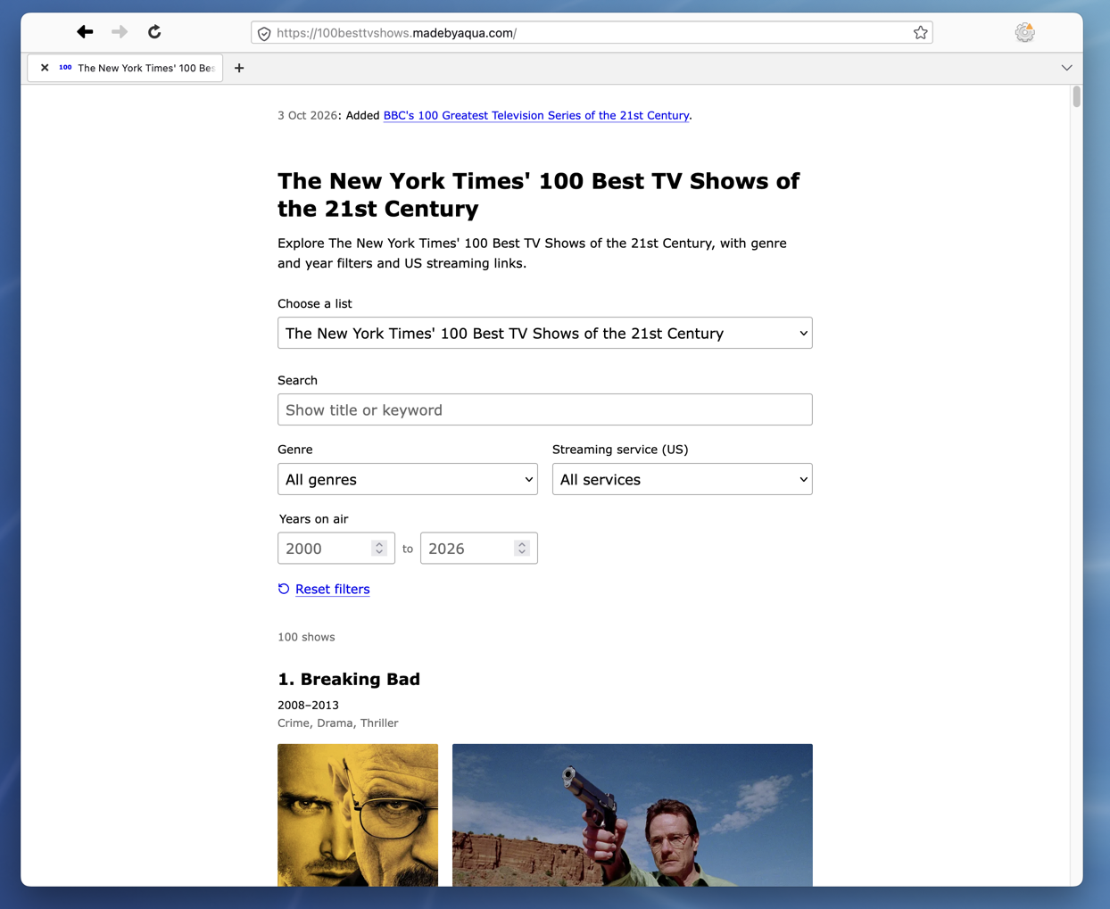 100 Best TV Shows with list, genre, and streaming service filters