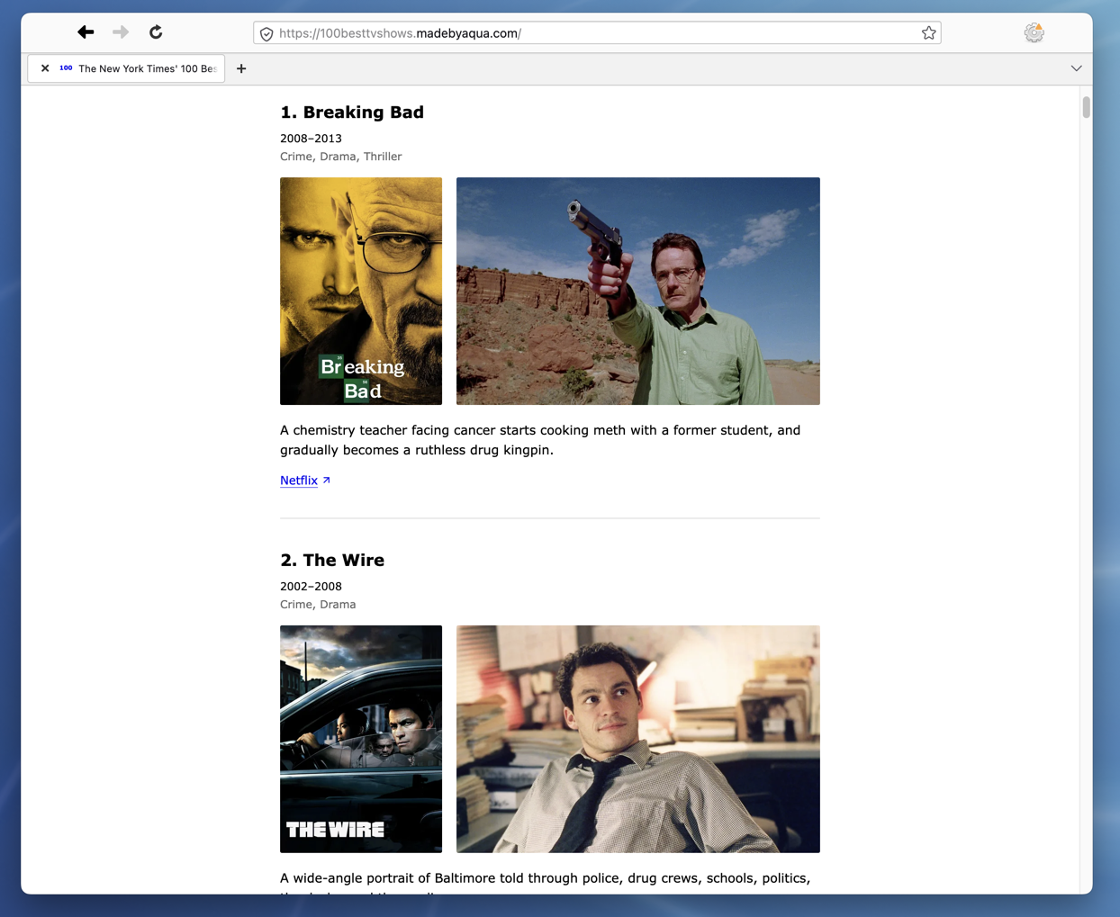 TV show results with summaries, images, and streaming links for Breaking Bad and The Wire