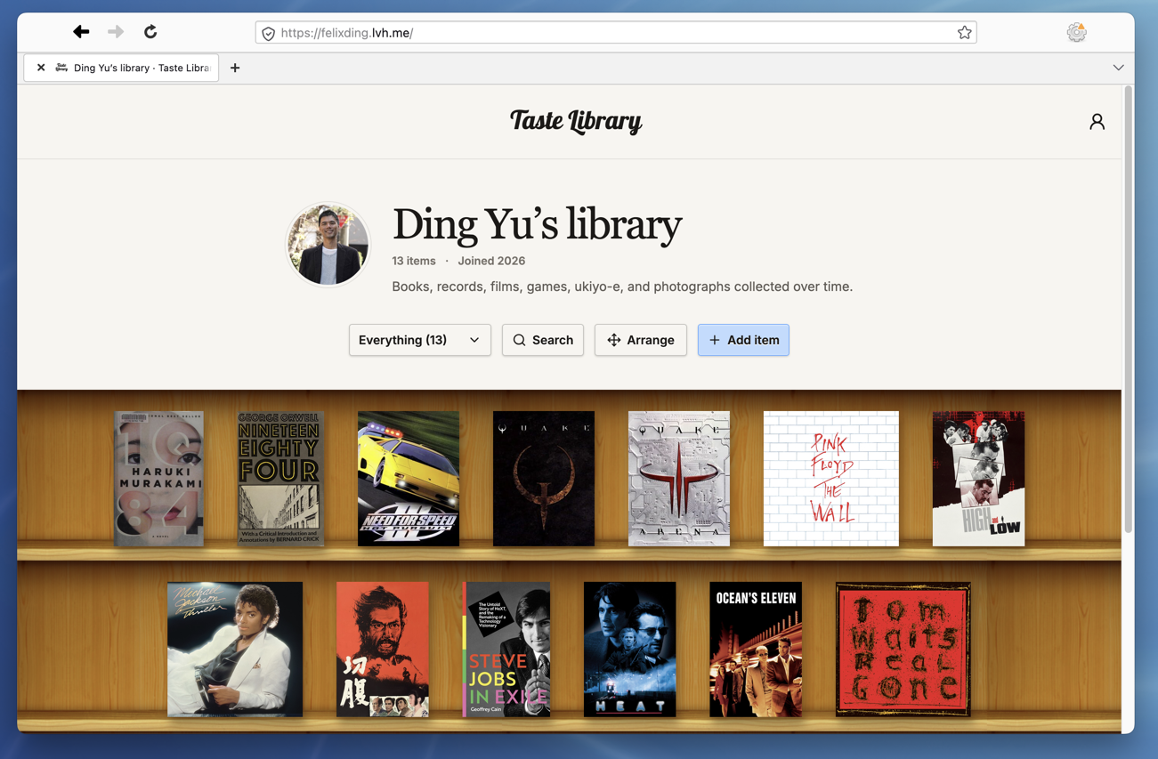 Taste Library showing Ding Yu's collection on wooden shelves